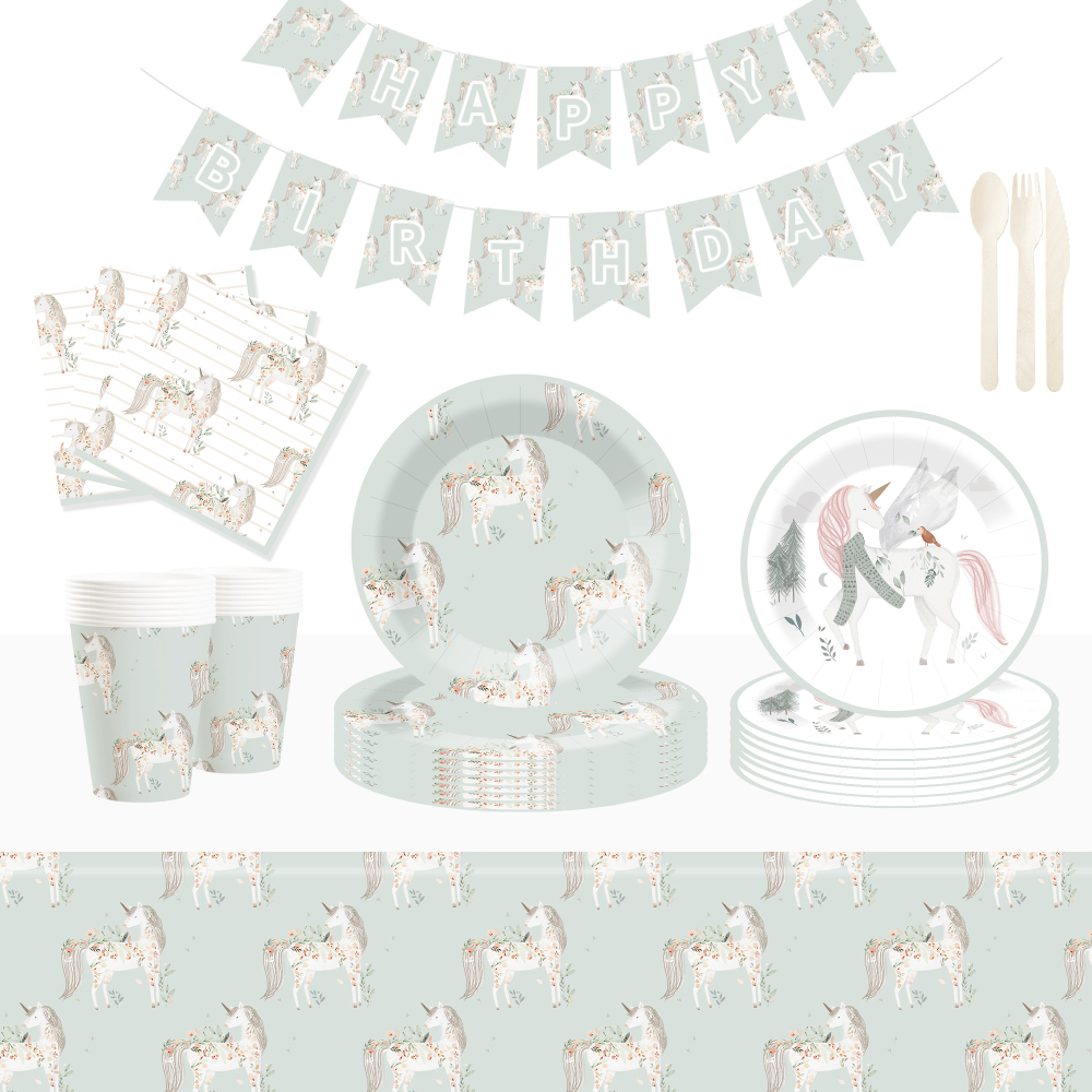 DAMAI New Customized Design Unicorn Theme Disposable Round Dessert Dinner Paper Plates Cups Napkin Tableware Set for Kid Party
