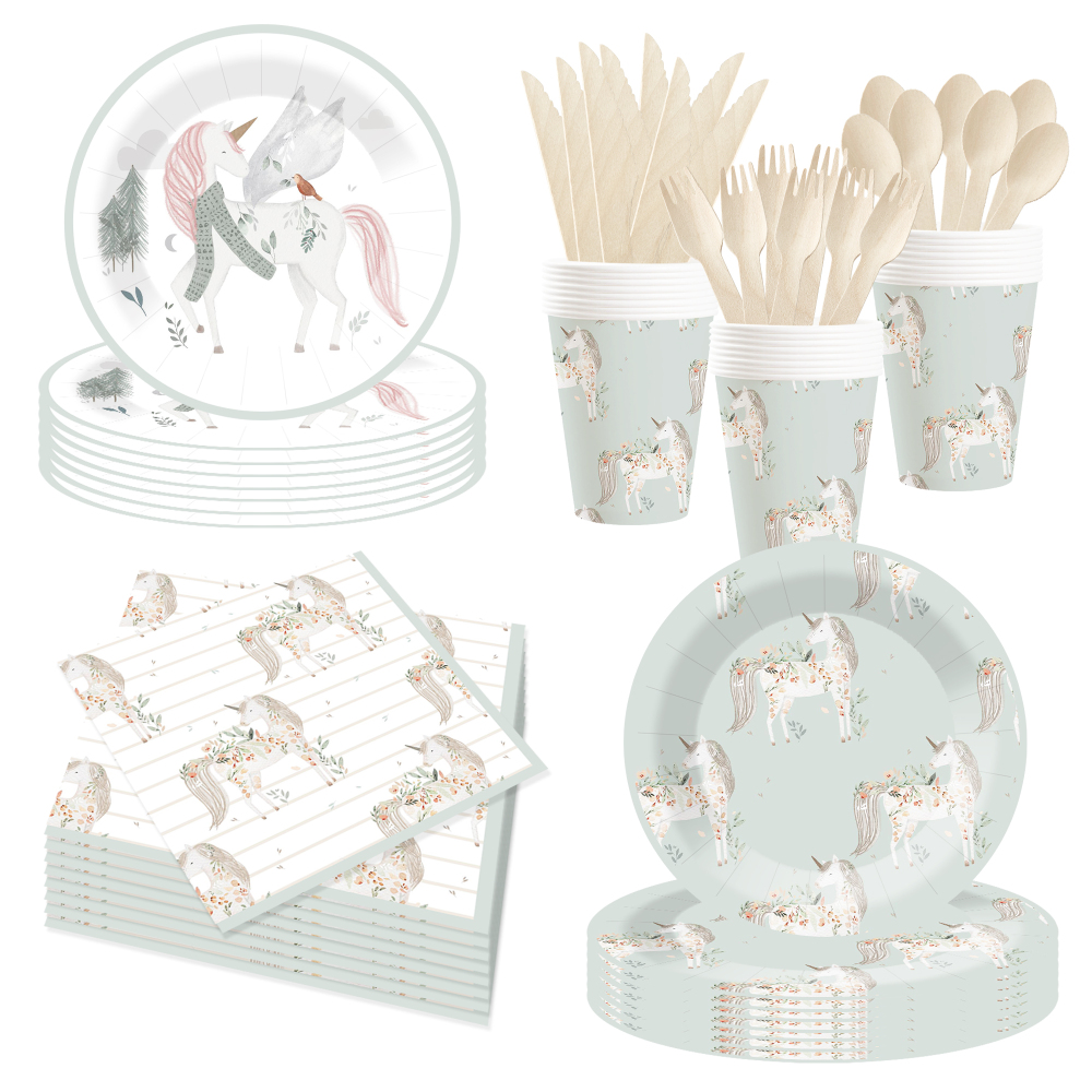 DAMAI New Customized Design Unicorn Theme Disposable Round Dessert Dinner Paper Plates Cups Napkin Tableware Set for Kid Party