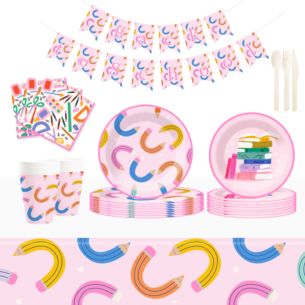 DAMAI Back to School Theme Party Decoration Geometric Disposable Party Paper Plate Cup Napkin Tableware Set for Graduation