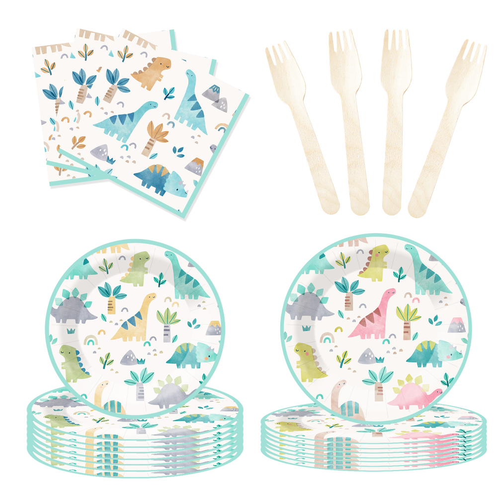 DAMAI New Customized Animal Theme Disposable Dessert Dinner Paper Plates Cups Napkin Tableware Set with Dinosaur