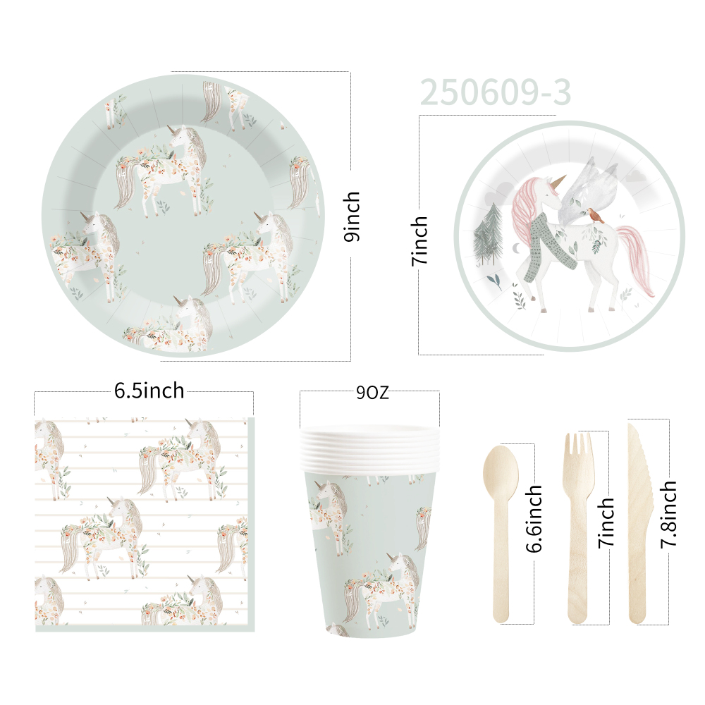 DAMAI New Customized Design Unicorn Theme Disposable Round Dessert Dinner Paper Plates Cups Napkin Tableware Set for Kid Party