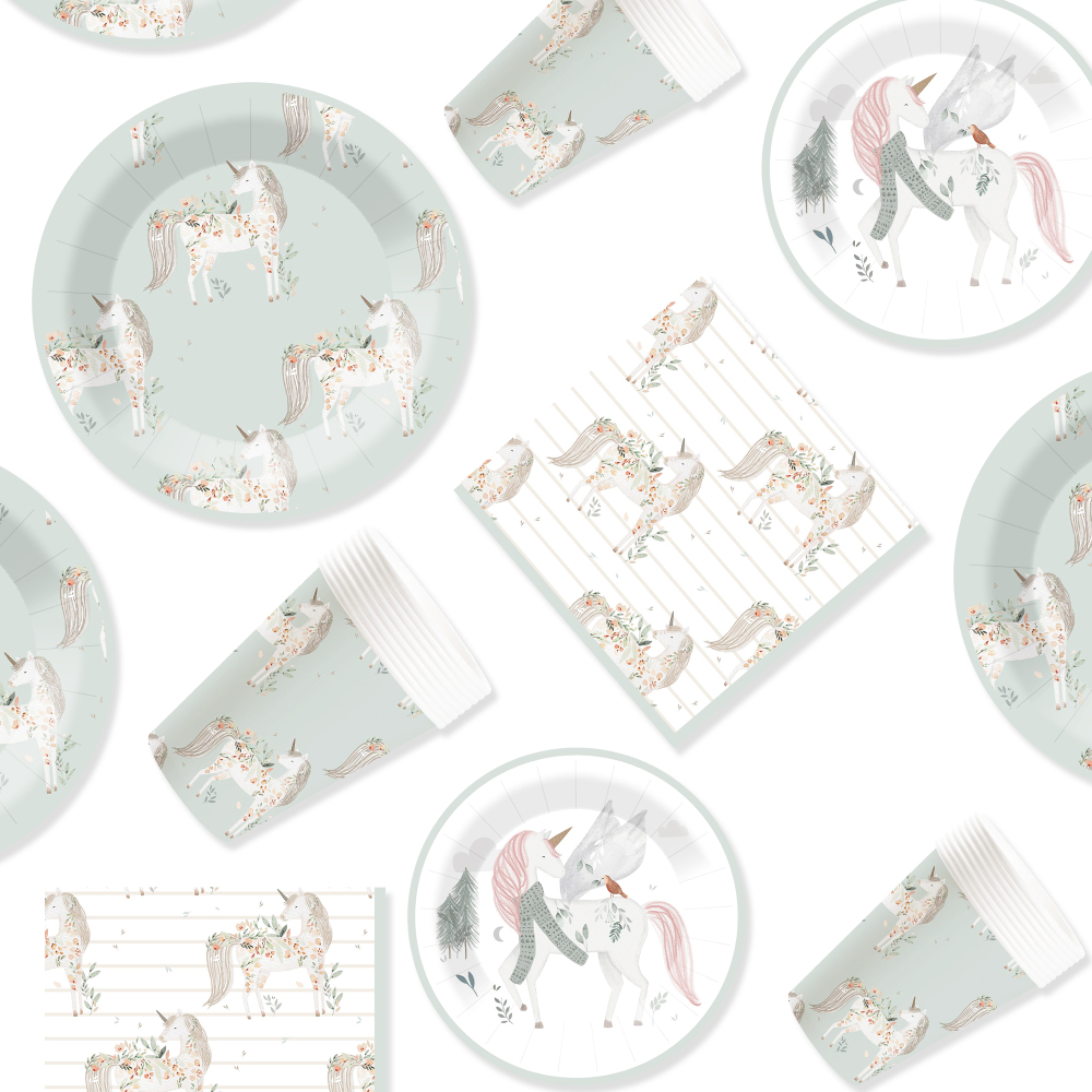 DAMAI New Customized Design Unicorn Theme Disposable Round Dessert Dinner Paper Plates Cups Napkin Tableware Set for Kid Party