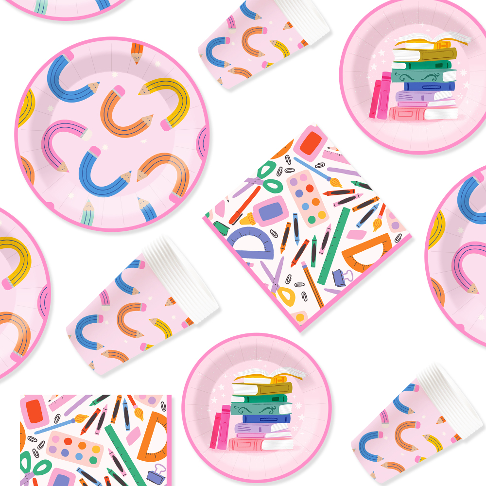 DAMAI Back to School Theme Party Decoration Geometric Disposable Party Paper Plate Cup Napkin Tableware Set for Graduation