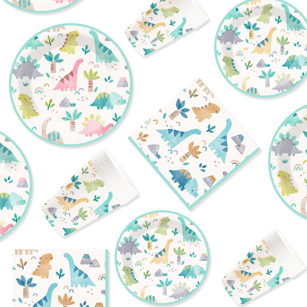 DAMAI New Customized Animal Theme Disposable Dessert Dinner Paper Plates Cups Napkin Tableware Set with Dinosaur