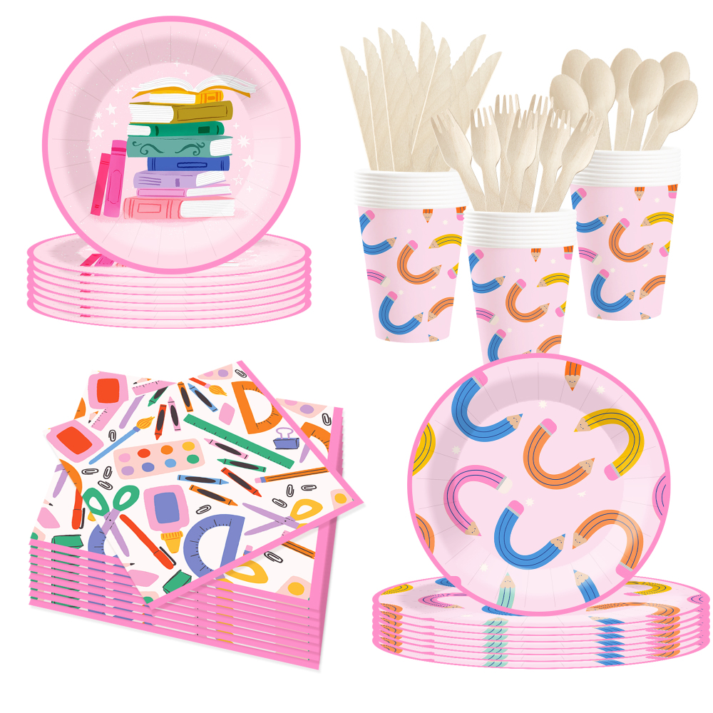 DAMAI Back to School Theme Party Decoration Geometric Disposable Party Paper Plate Cup Napkin Tableware Set for Graduation