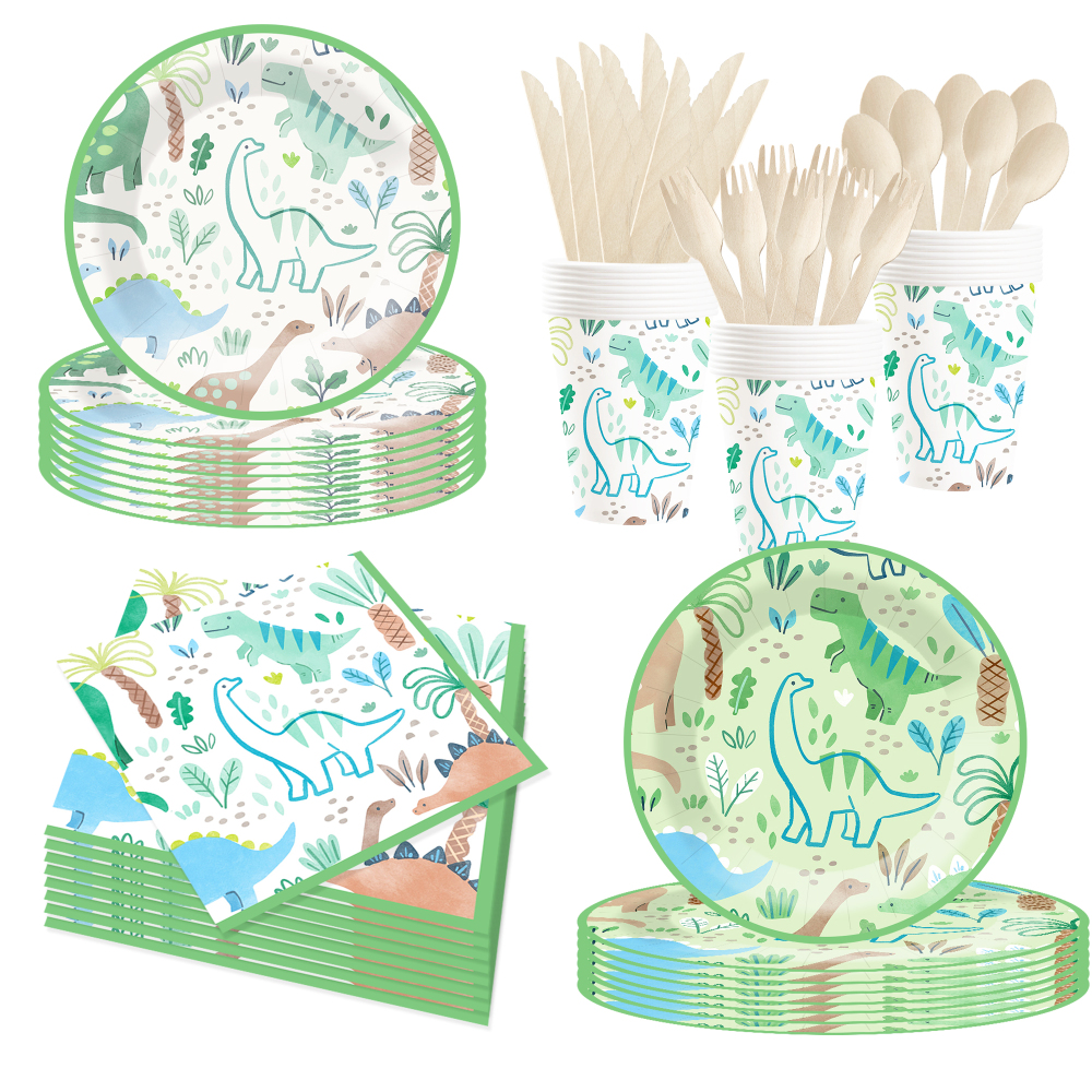 DAMAI New Customized Cute Animal Theme Party Decoration Dinosaur Disposable Party Paper Plate Cup Napkin Tableware Set for Kid