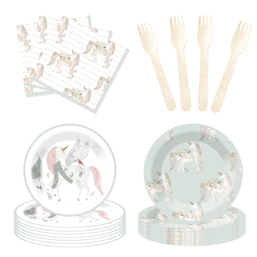 DAMAI New Customized Design Unicorn Theme Disposable Round Dessert Dinner Paper Plates Cups Napkin Tableware Set for Kid Party