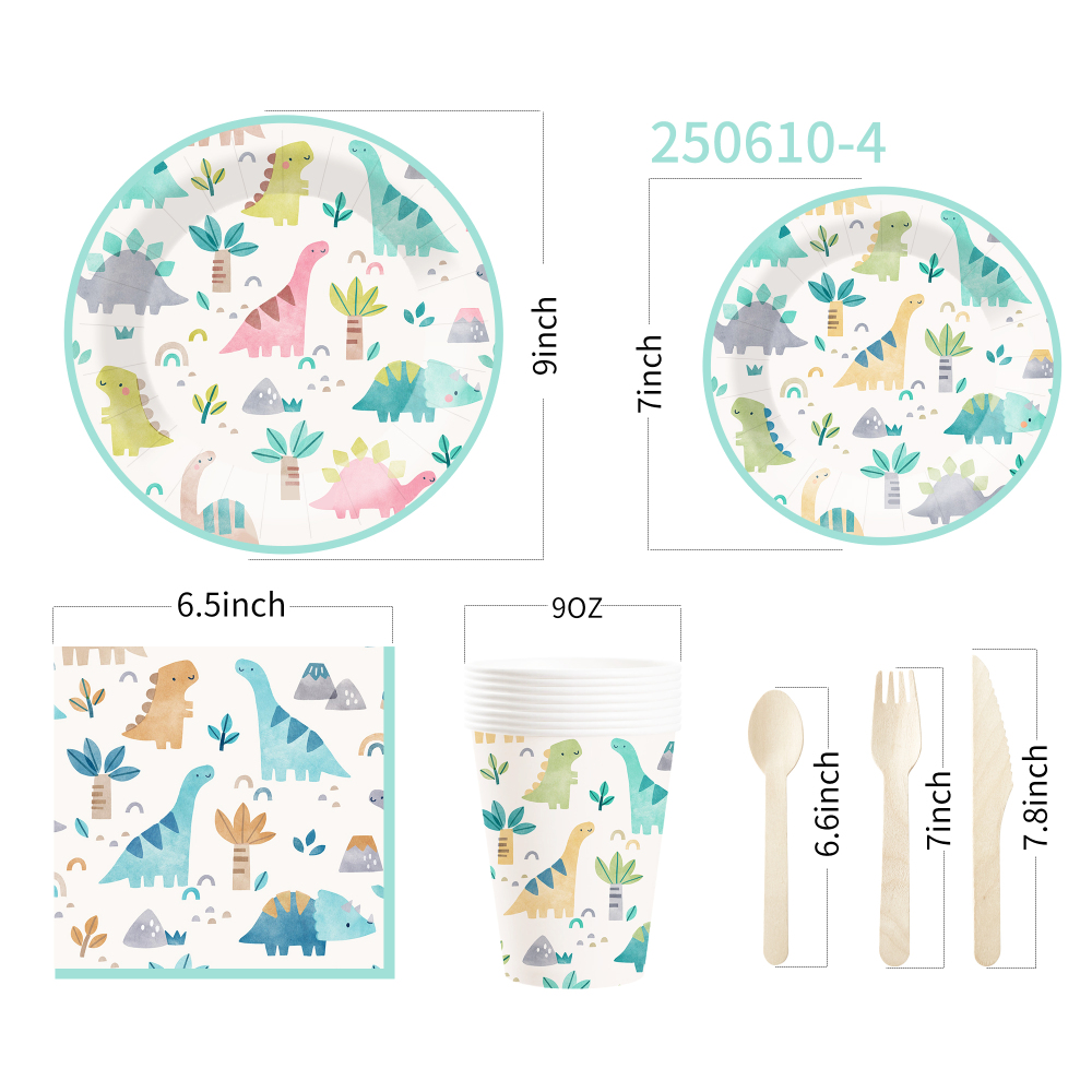 DAMAI New Customized Animal Theme Disposable Dessert Dinner Paper Plates Cups Napkin Tableware Set with Dinosaur