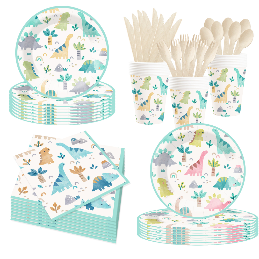DAMAI New Customized Animal Theme Disposable Dessert Dinner Paper Plates Cups Napkin Tableware Set with Dinosaur
