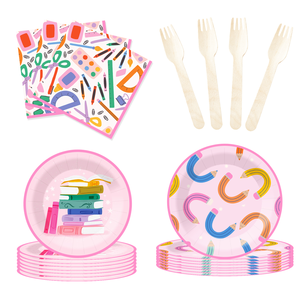 DAMAI Back to School Theme Party Decoration Geometric Disposable Party Paper Plate Cup Napkin Tableware Set for Graduation