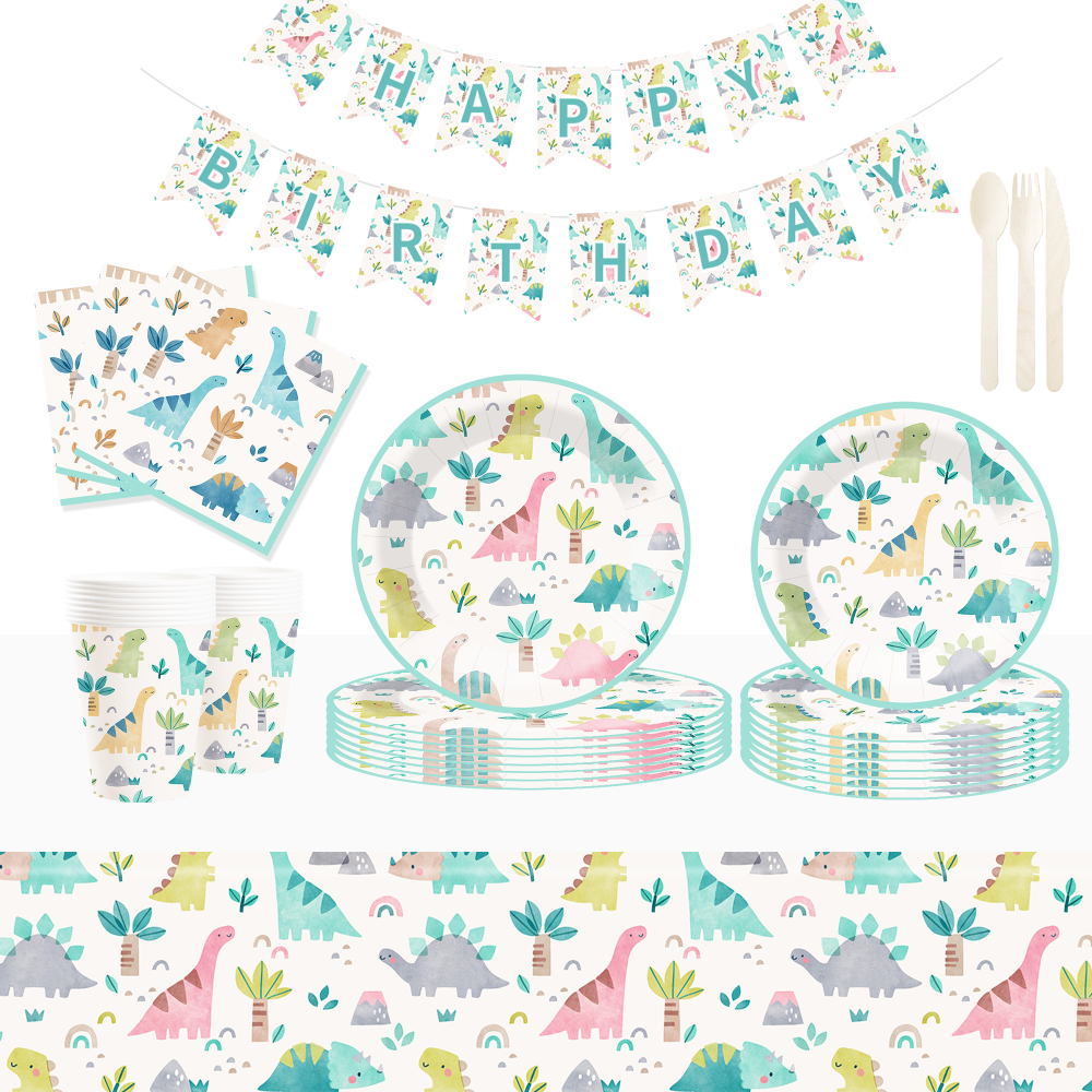 DAMAI New Customized Animal Theme Disposable Dessert Dinner Paper Plates Cups Napkin Tableware Set with Dinosaur