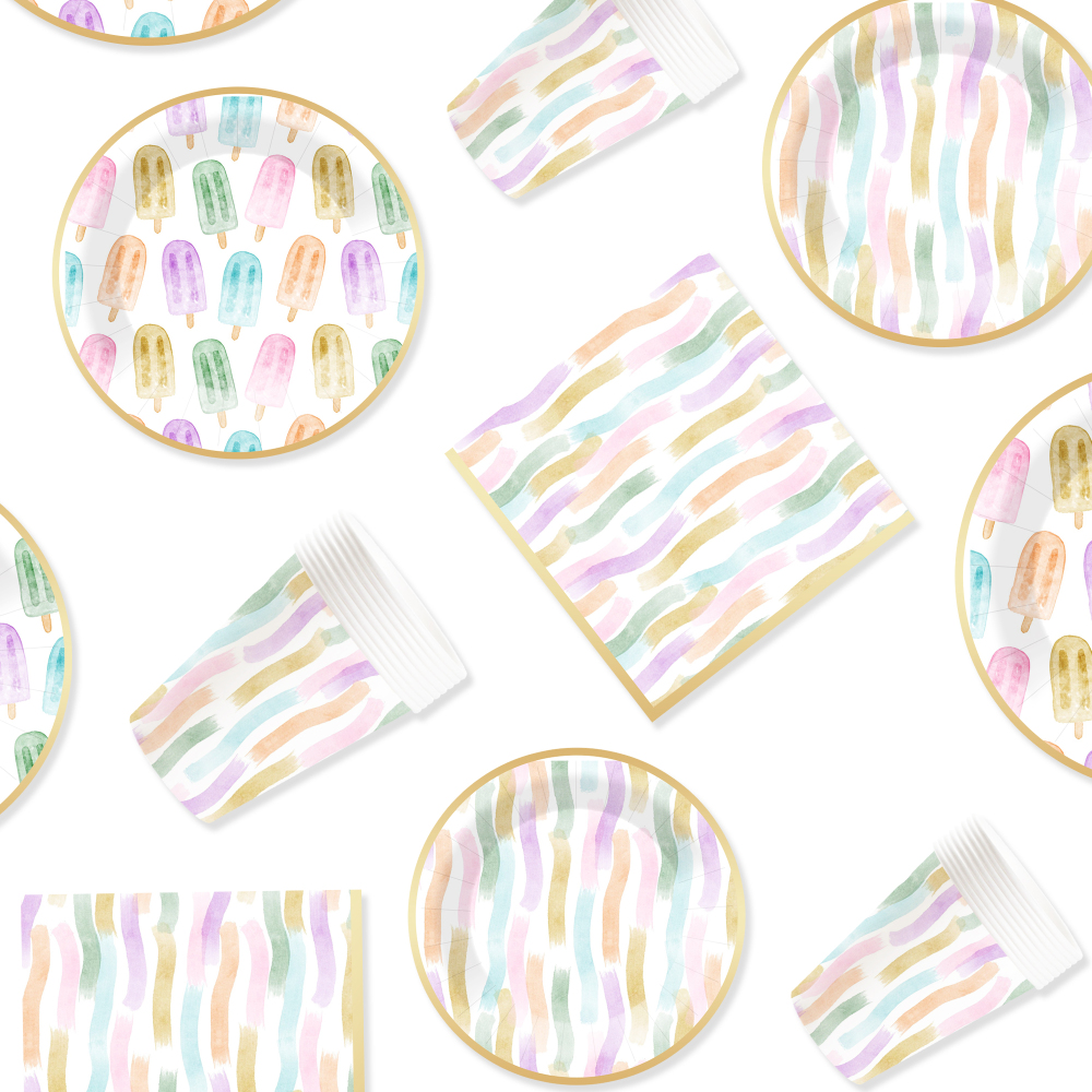 DAMAI Summer Theme Disposable Dessert Dinner Round Shape Paper Plates Cup Napkin Tableware Set Party Supplies with Ice Cream