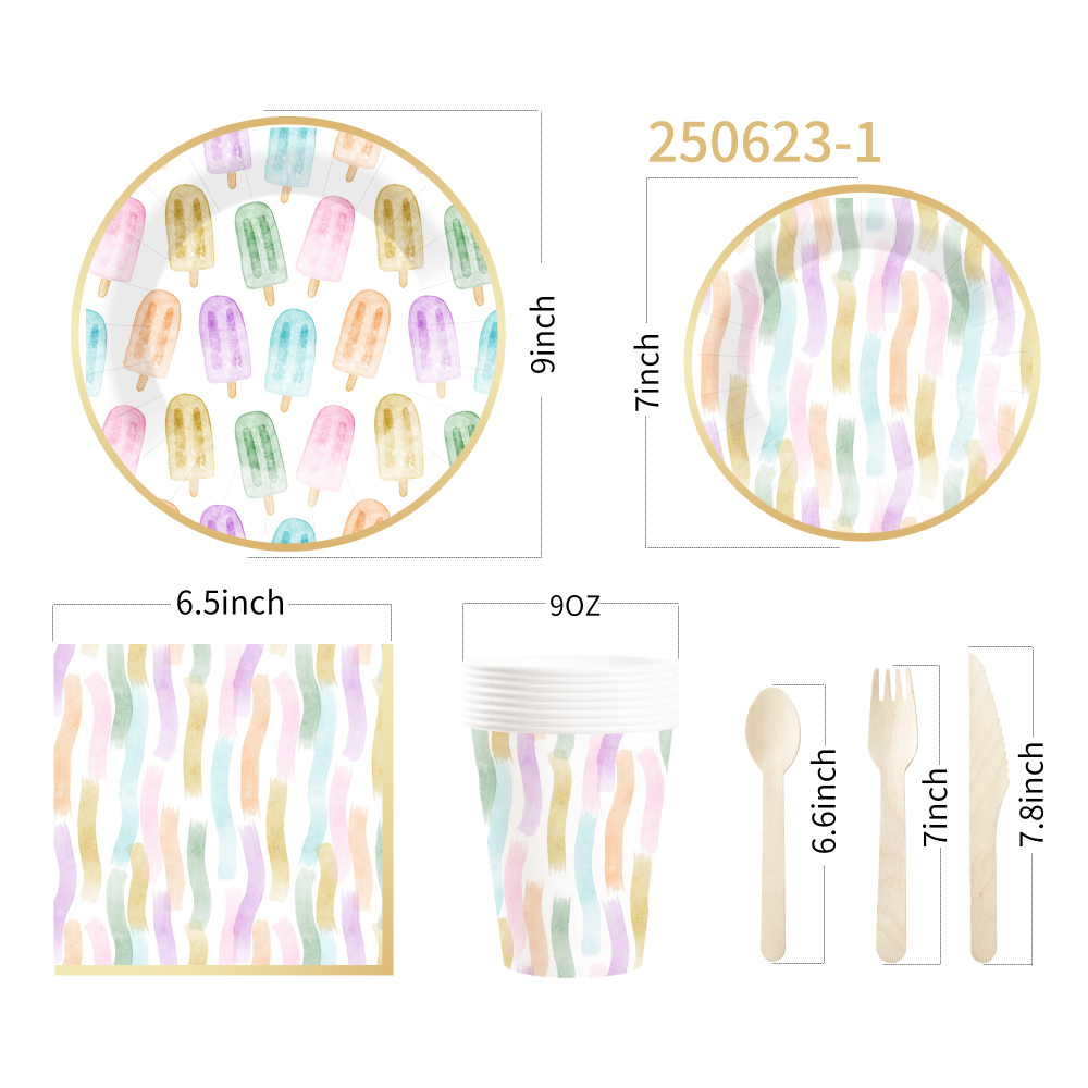 DAMAI Summer Theme Disposable Dessert Dinner Round Shape Paper Plates Cup Napkin Tableware Set Party Supplies with Ice Cream