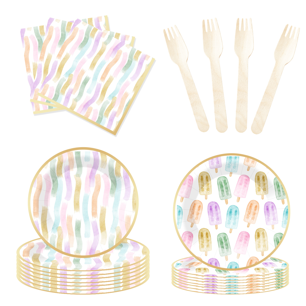 DAMAI Summer Theme Disposable Dessert Dinner Round Shape Paper Plates Cup Napkin Tableware Set Party Supplies with Ice Cream