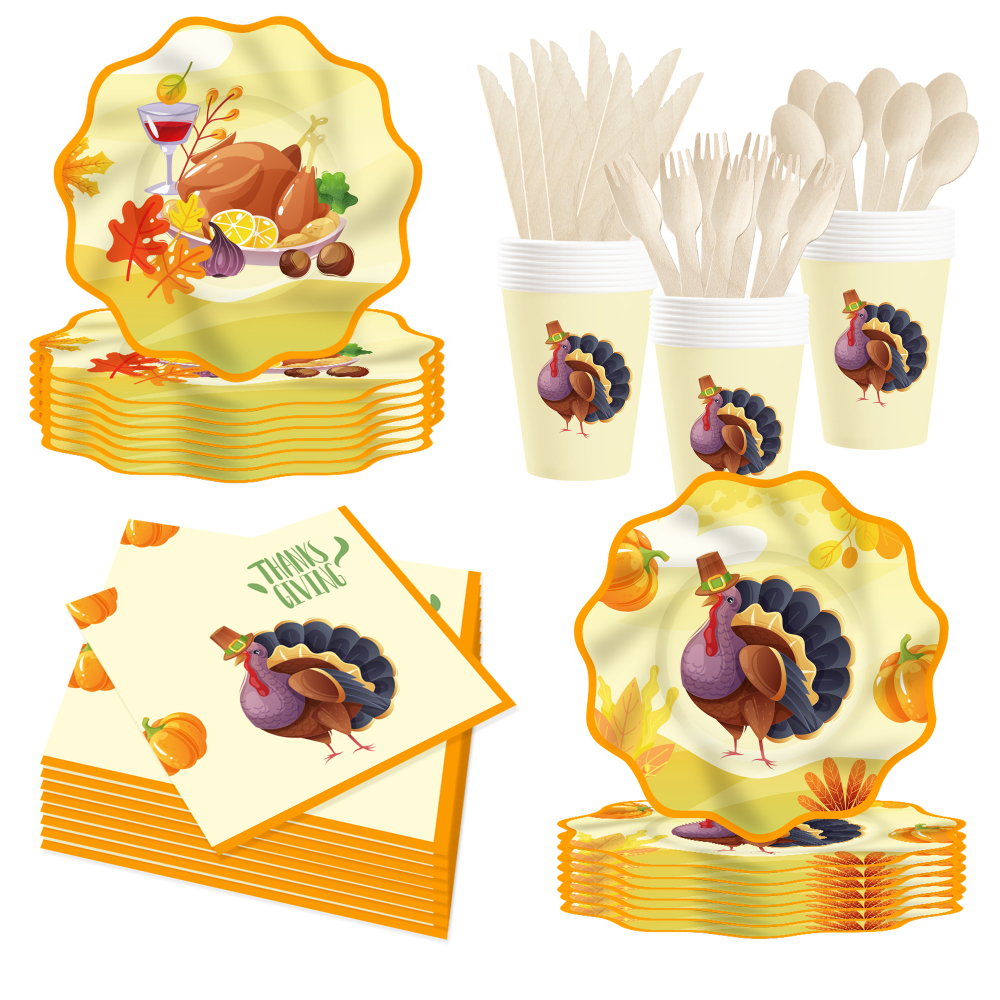 DAMAI Pumpkin Turkey Thanksgiving Tableware Set Table Set Paper Plates Party Paper Cups Napkins Disposable Festival Dinnerware
