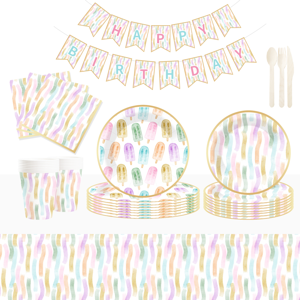 DAMAI Summer Theme Disposable Dessert Dinner Round Shape Paper Plates Cup Napkin Tableware Set Party Supplies with Ice Cream