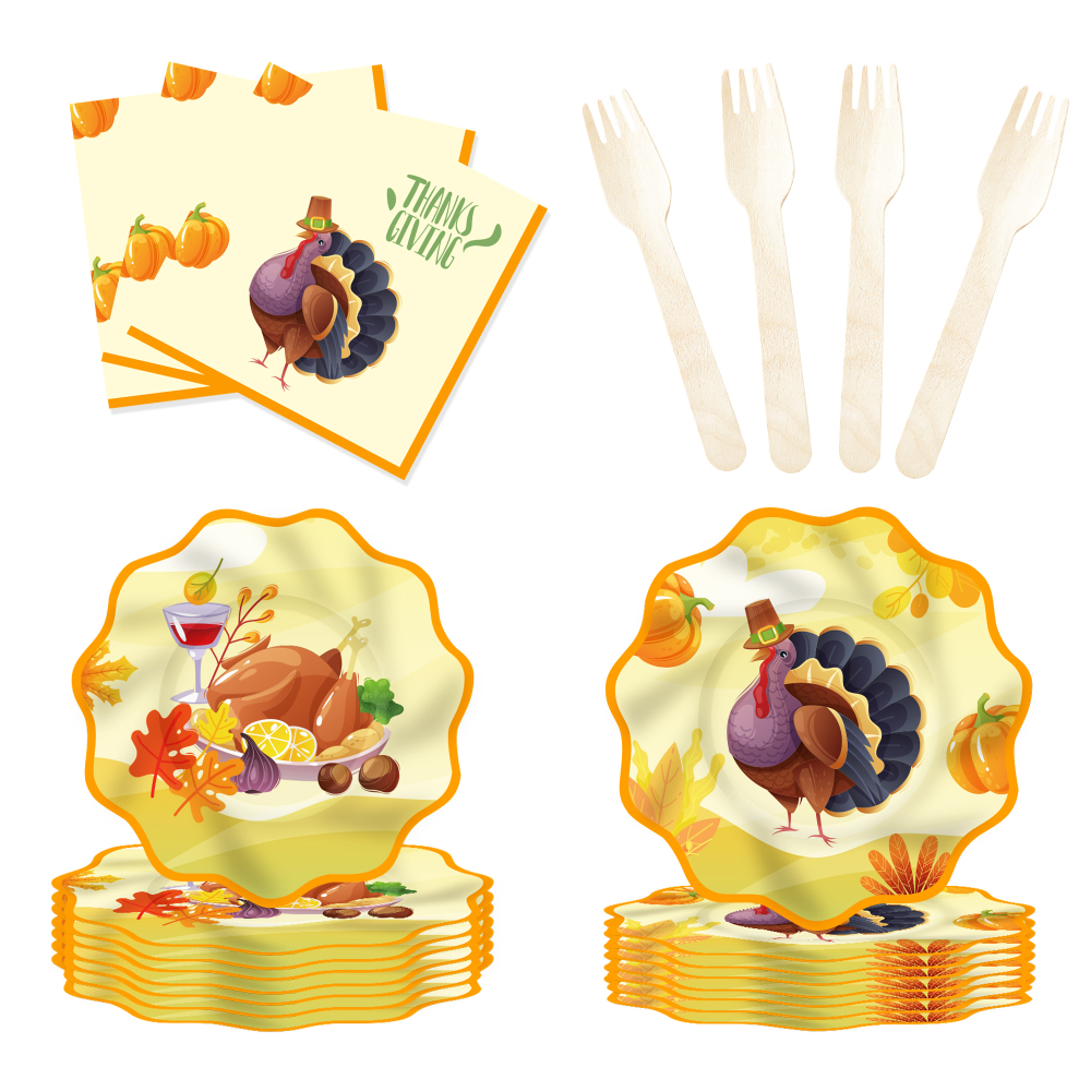 DAMAI Pumpkin Turkey Thanksgiving Tableware Set Table Set Paper Plates Party Paper Cups Napkins Disposable Festival Dinnerware