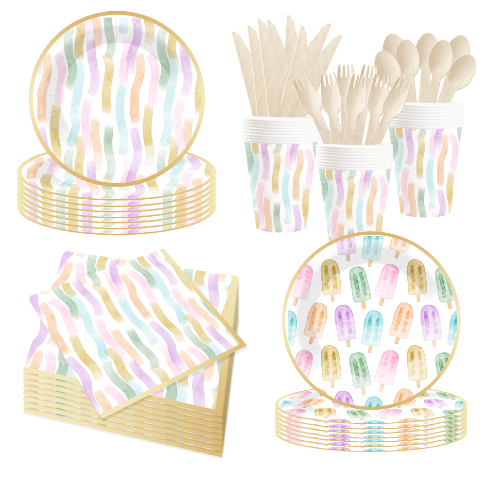 DAMAI Summer Theme Disposable Dessert Dinner Round Shape Paper Plates Cup Napkin Tableware Set Party Supplies with Ice Cream