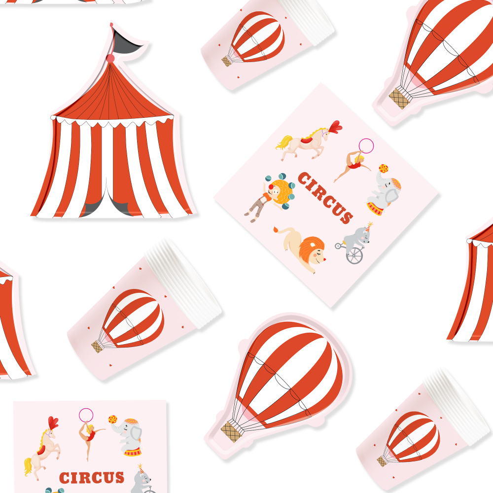 DAMAI Circus Party Theme Decor Bulk Wholesale Set Red White Montgolfier Tent Paper Plates Tablecloth Party Disposable Tableware