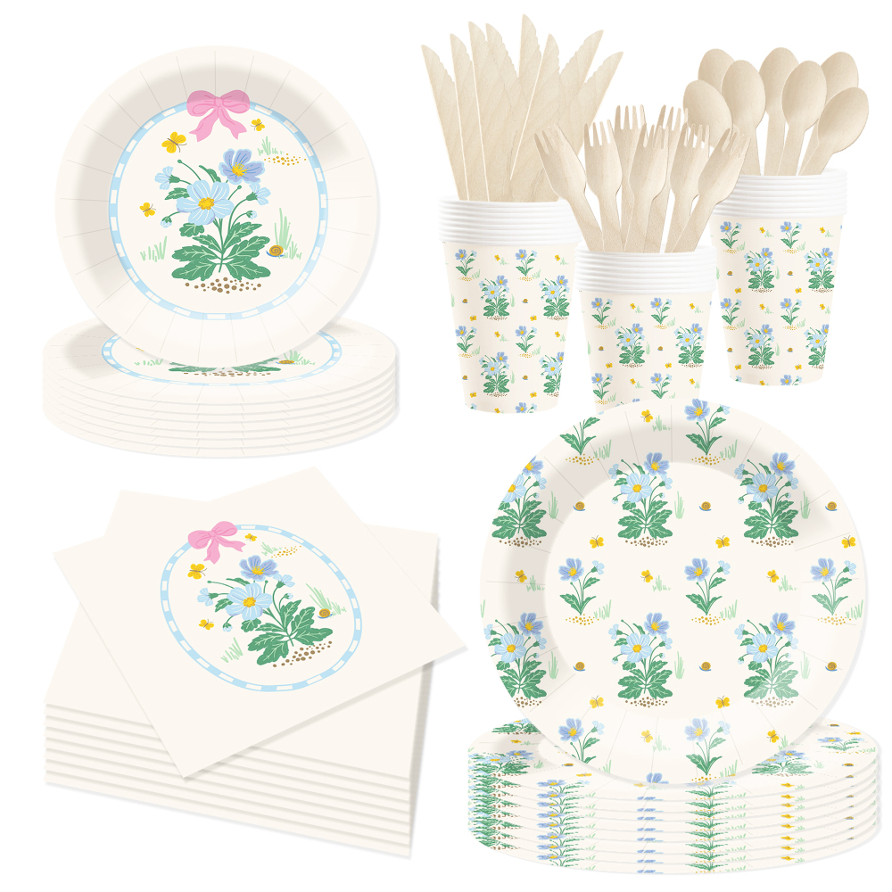 DAMAI Spring Party Theme Decor Bulk Wholesale Set Blue Flower Hello Spring Paper Plates Tablecloth Party Disposable Tableware