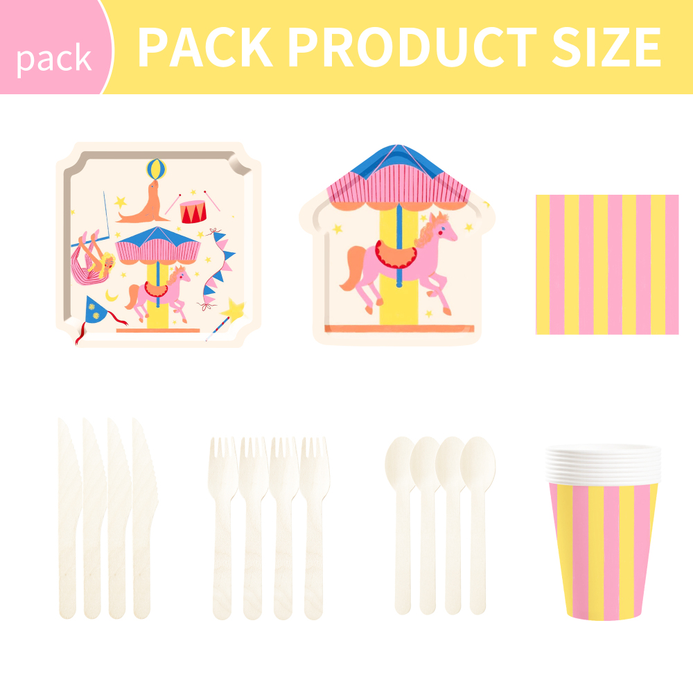 DAMAI Kid's Party Theme Decor Bulk Wholesale Set Merry-Go-Round Pink Yellow Paper Plates Tablecloth Party Disposable Tableware