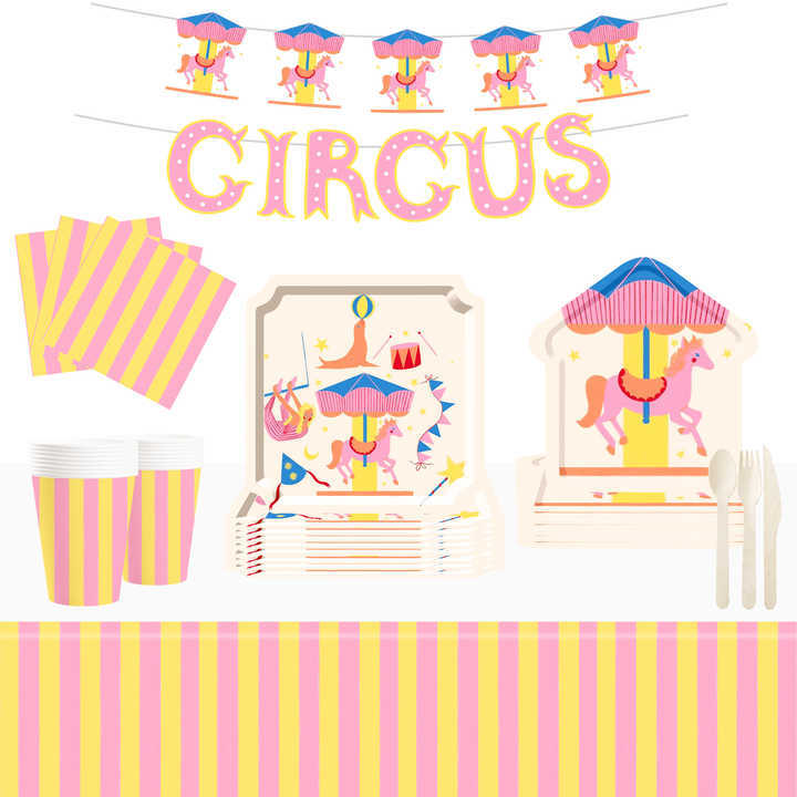 DAMAI Kid's Party Theme Decor Bulk Wholesale Set Merry-Go-Round Pink Yellow Paper Plates Tablecloth Party Disposable Tableware