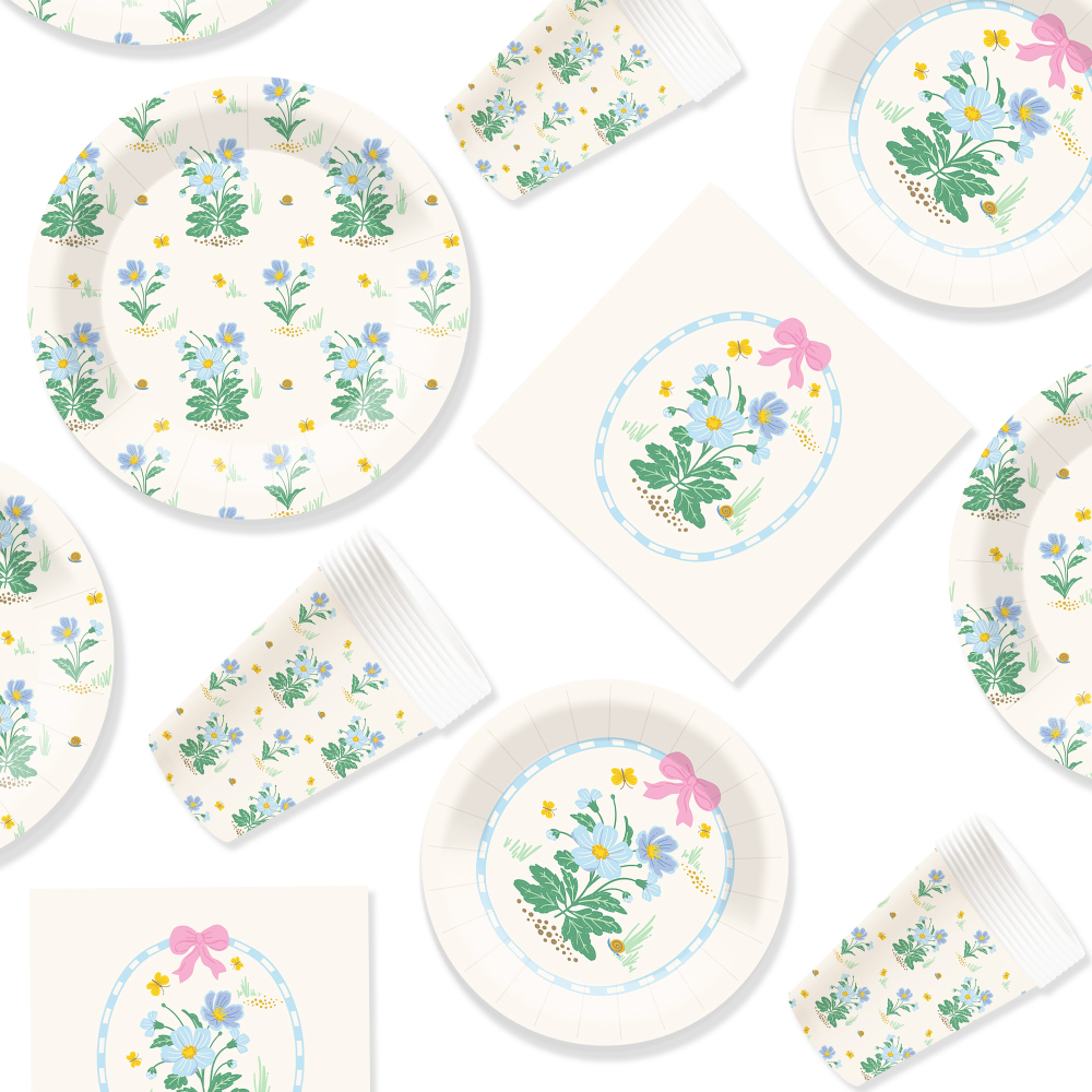 DAMAI Spring Party Theme Decor Bulk Wholesale Set Blue Flower Hello Spring Paper Plates Tablecloth Party Disposable Tableware