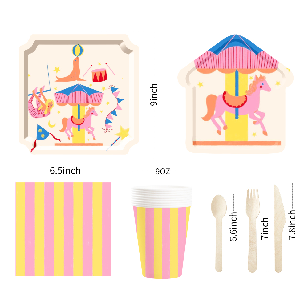 DAMAI Kid's Party Theme Decor Bulk Wholesale Set Merry-Go-Round Pink Yellow Paper Plates Tablecloth Party Disposable Tableware