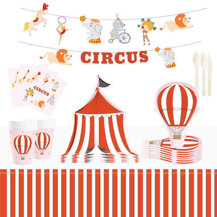 DAMAI Circus Party Theme Decor Bulk Wholesale Set Red White Montgolfier Tent Paper Plates Tablecloth Party Disposable Tableware