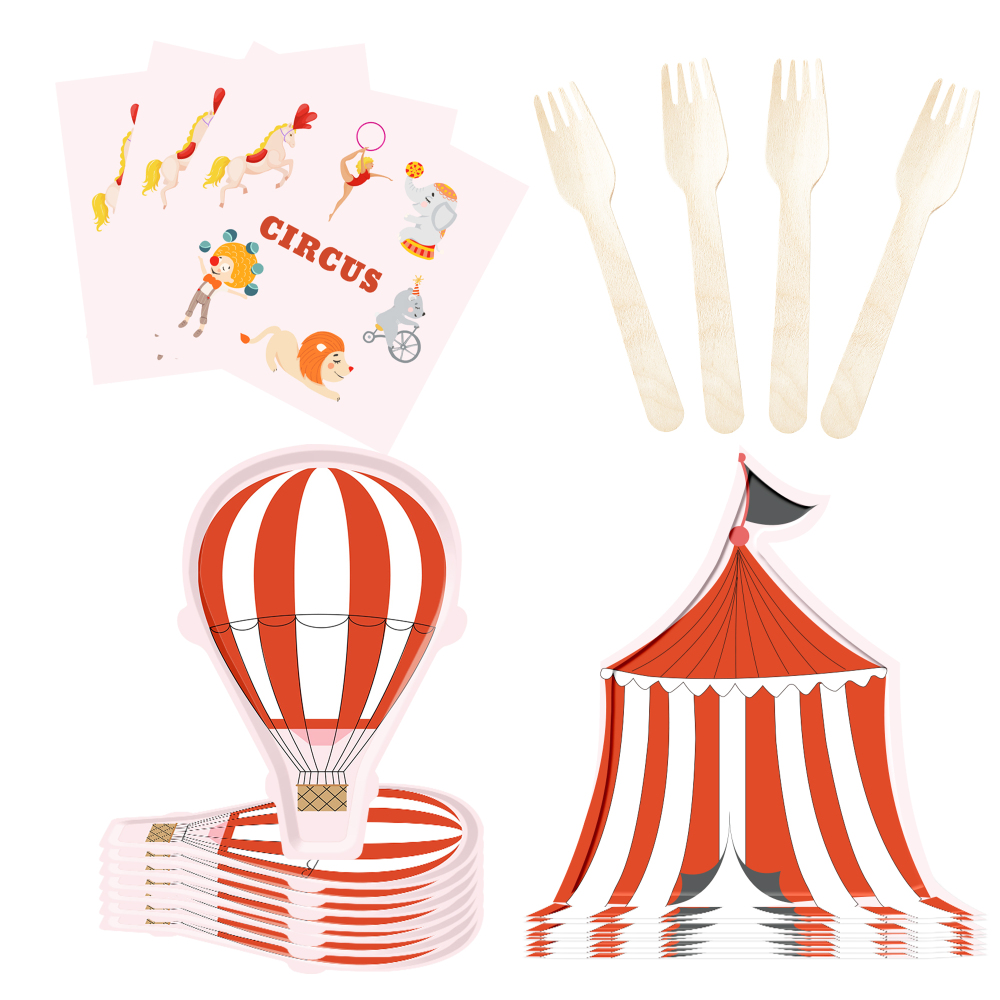 DAMAI Circus Party Theme Decor Bulk Wholesale Set Red White Montgolfier Tent Paper Plates Tablecloth Party Disposable Tableware