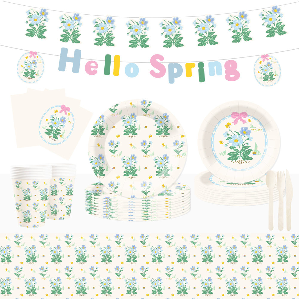 DAMAI Spring Party Theme Decor Bulk Wholesale Set Blue Flower Hello Spring Paper Plates Tablecloth Party Disposable Tableware