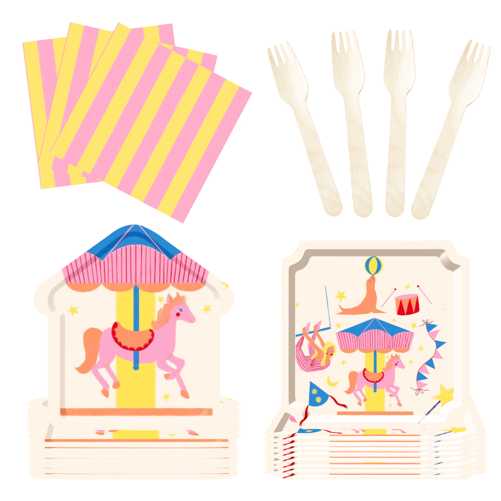 DAMAI Kid's Party Theme Decor Bulk Wholesale Set Merry-Go-Round Pink Yellow Paper Plates Tablecloth Party Disposable Tableware