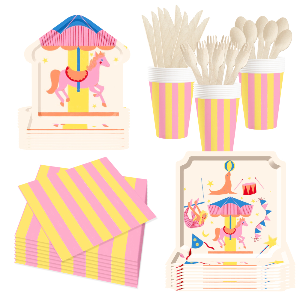 DAMAI Kid's Party Theme Decor Bulk Wholesale Set Merry-Go-Round Pink Yellow Paper Plates Tablecloth Party Disposable Tableware