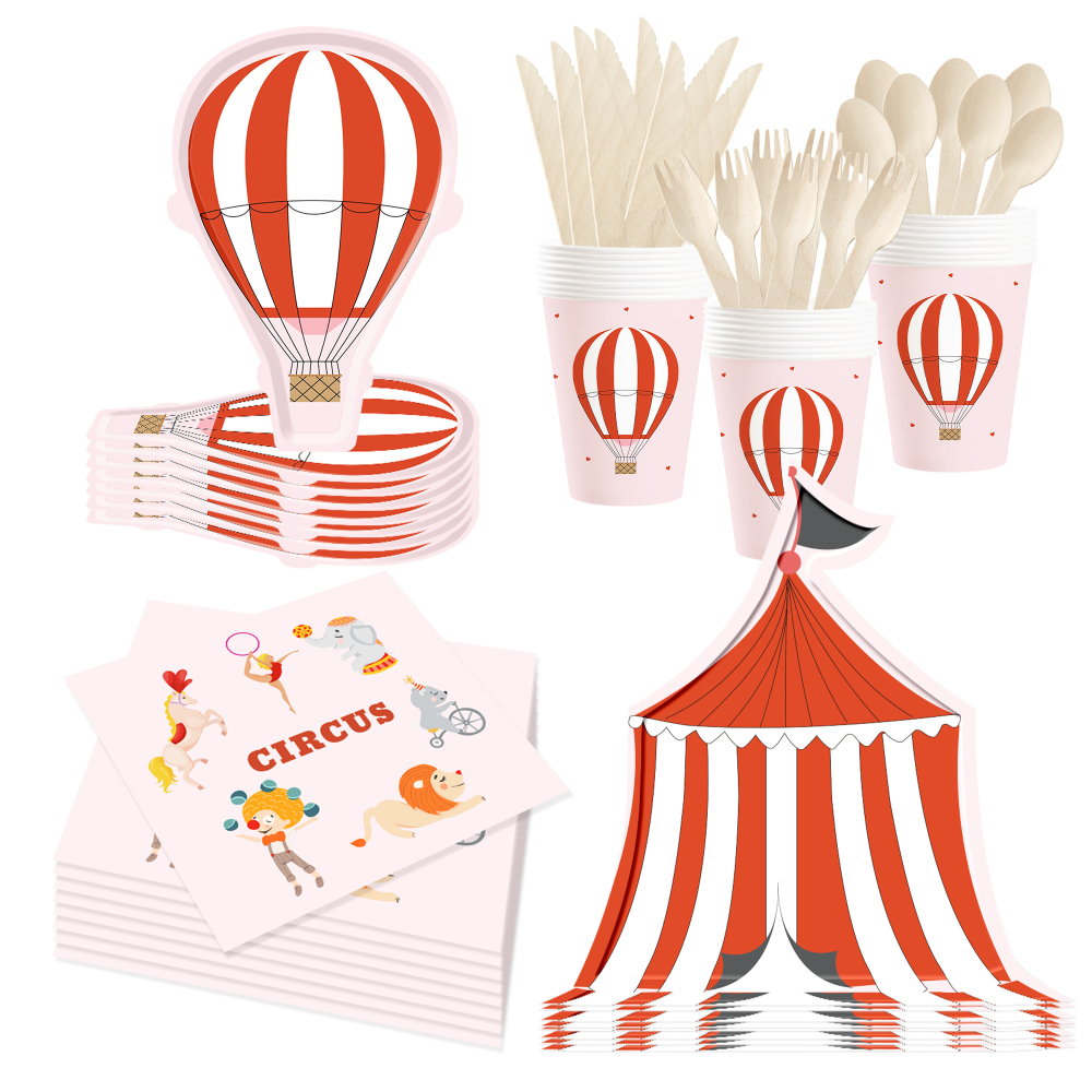 DAMAI Circus Party Theme Decor Bulk Wholesale Set Red White Montgolfier Tent Paper Plates Tablecloth Party Disposable Tableware
