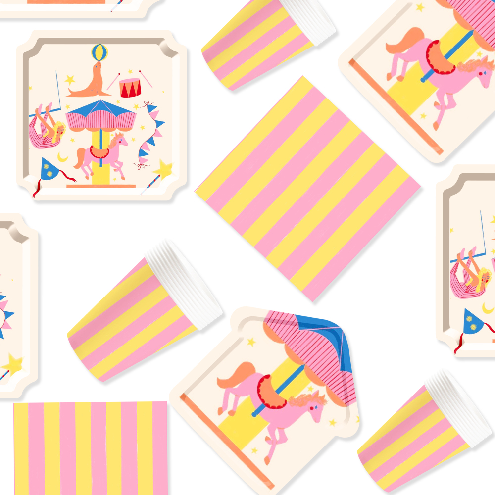DAMAI Kid's Party Theme Decor Bulk Wholesale Set Merry-Go-Round Pink Yellow Paper Plates Tablecloth Party Disposable Tableware