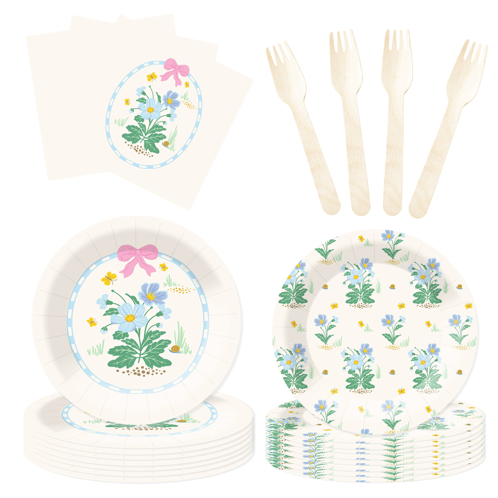 DAMAI Spring Party Theme Decor Bulk Wholesale Set Blue Flower Hello Spring Paper Plates Tablecloth Party Disposable Tableware