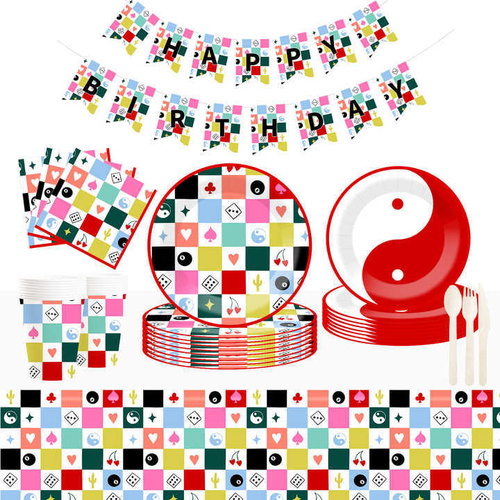 DAMAI Birthday Party Theme Decor Bulk Wholesale Set Poker Gamer Theme Check  Paper Plates Tablecloth Party Disposable Tableware