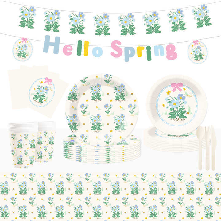 DAMAI Spring Party Theme Decor Bulk Wholesale Set Blue Flower Hello Spring Paper Plates Tablecloth Party Disposable Tableware