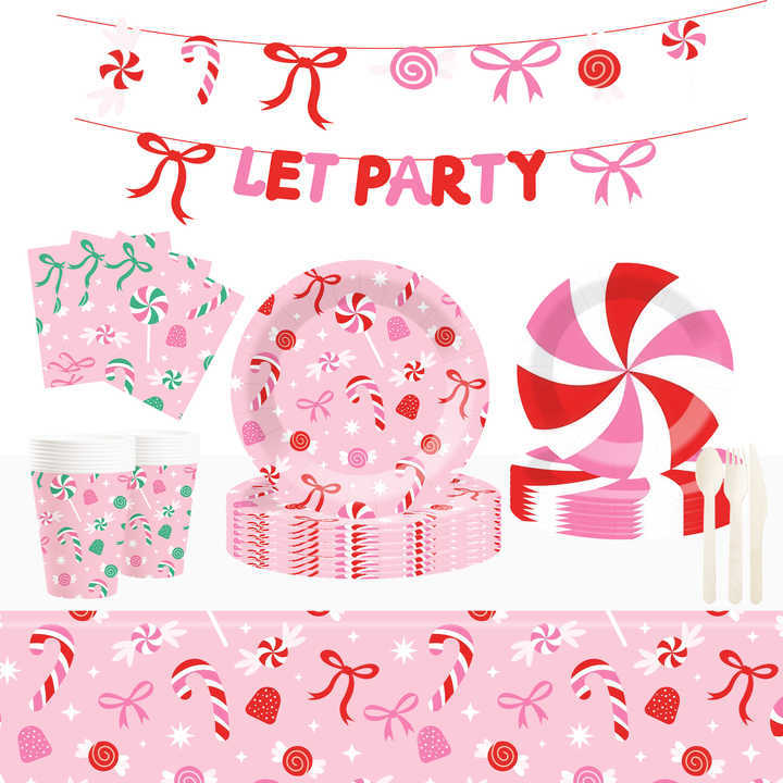 DAMAI Pink Candy Party Theme Decor Bulk Wholesale Set Bowknot Paper Plates Tablecloth Party Disposable Tableware Set Decor