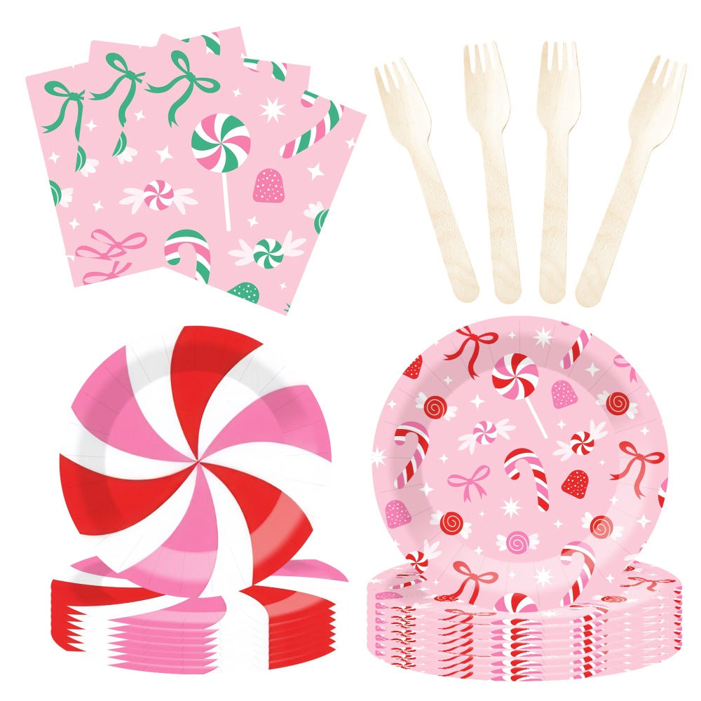 DAMAI Pink Candy Party Theme Decor Bulk Wholesale Set Bowknot Paper Plates Tablecloth Party Disposable Tableware Set Decor