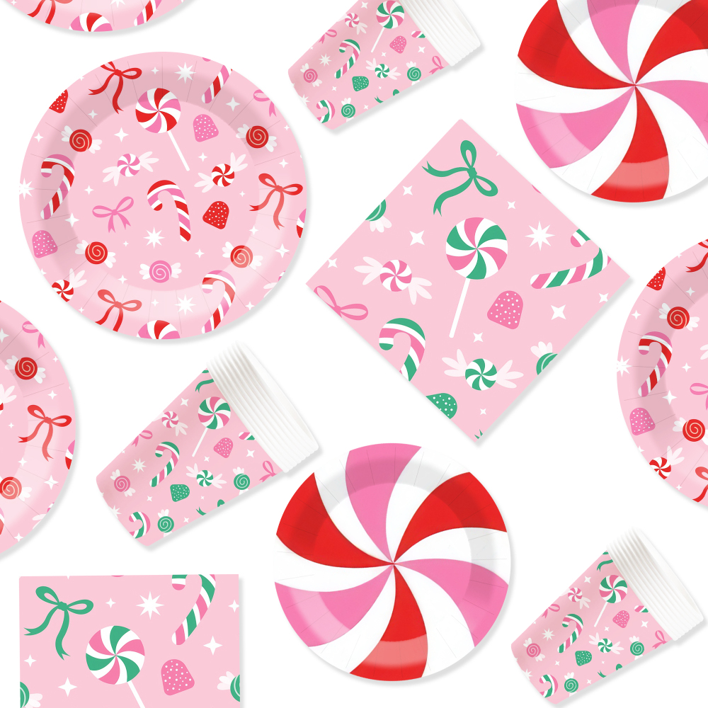 DAMAI Pink Candy Party Theme Decor Bulk Wholesale Set Bowknot Paper Plates Tablecloth Party Disposable Tableware Set Decor