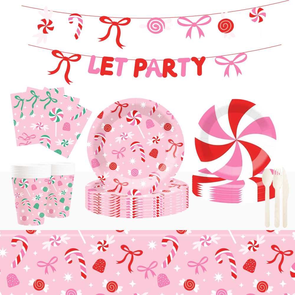 DAMAI Pink Candy Party Theme Decor Bulk Wholesale Set Bowknot Paper Plates Tablecloth Party Disposable Tableware Set Decor