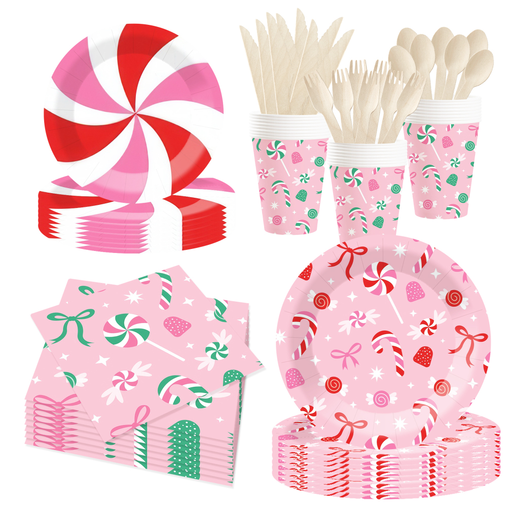 DAMAI Pink Candy Party Theme Decor Bulk Wholesale Set Bowknot Paper Plates Tablecloth Party Disposable Tableware Set Decor