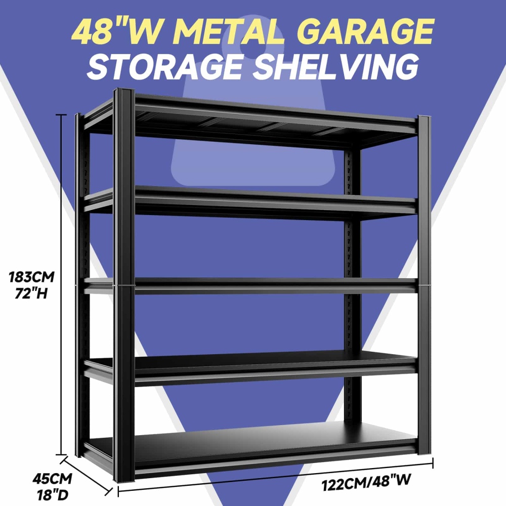 48"W Garage Steel Rack 2500LBS 5-Tier Adjustable Shelving 48"W x 18"D x 72"H
