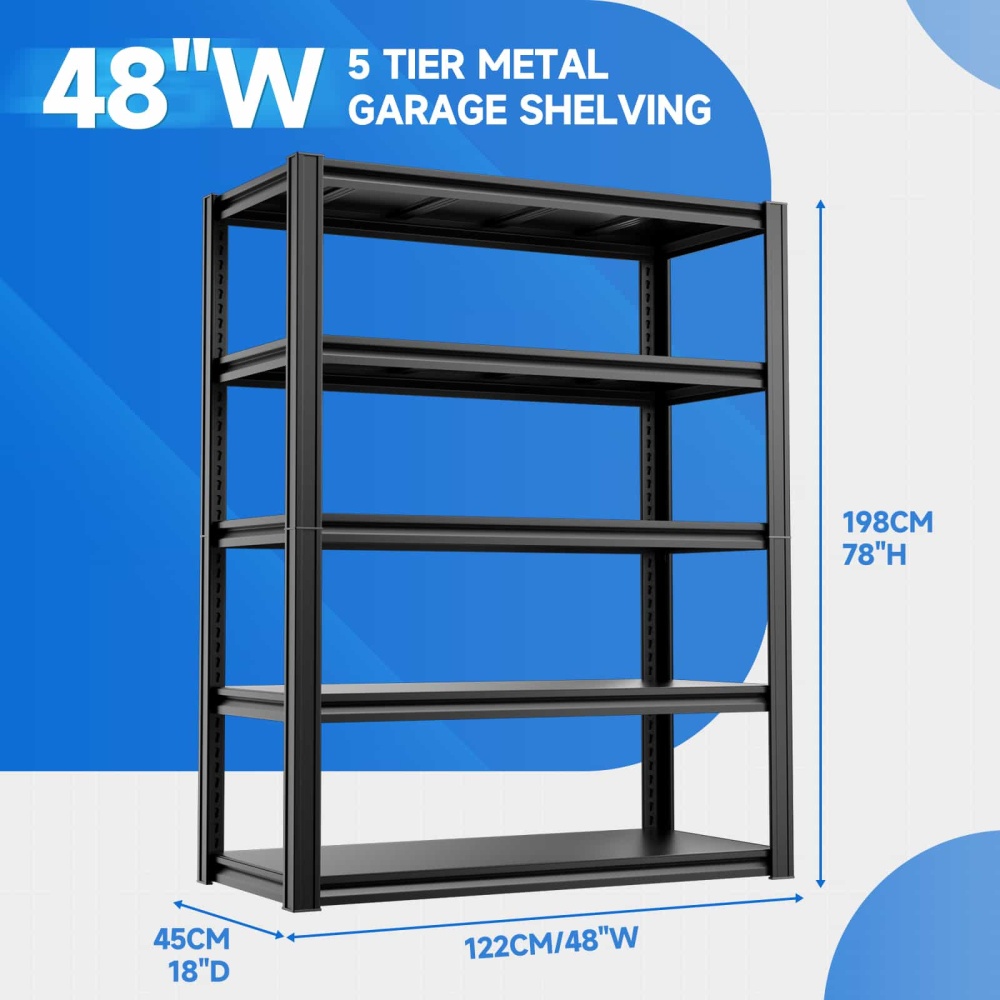 48"W Heavy Duty Garage Shelving 3000LBS 5-Tier Storage Rack 48"W x 18"D x 78"H