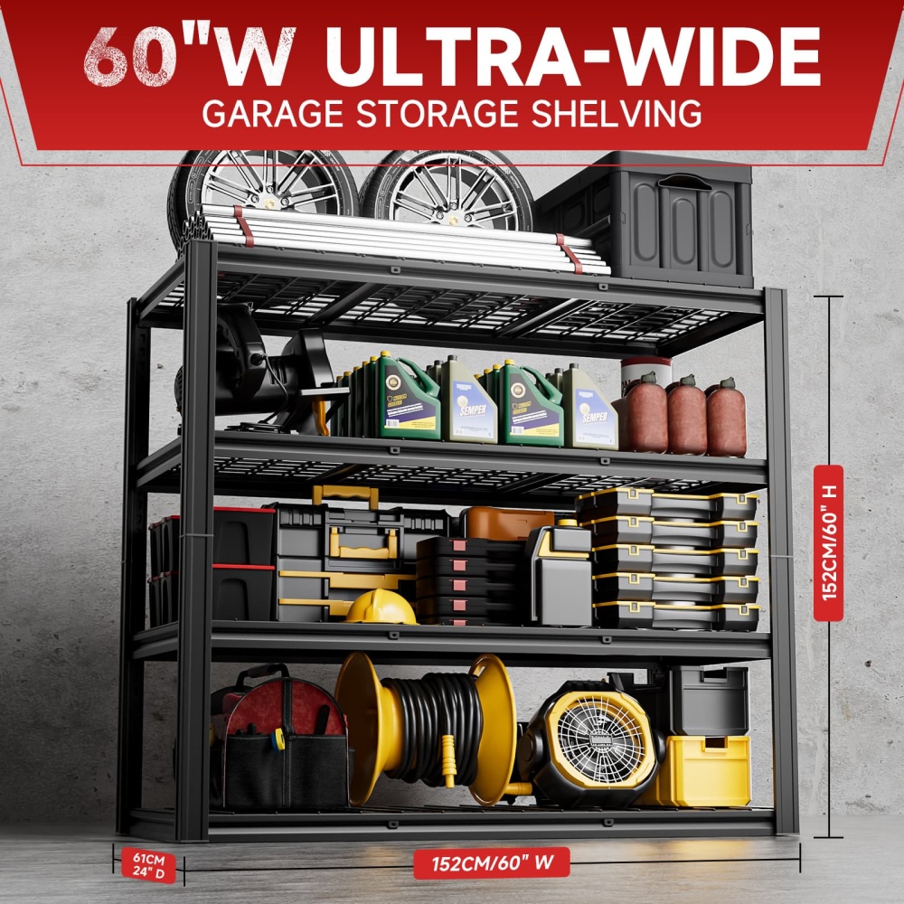60"W 4-Tier Garage Storage Shelving 2500LBS Adjustable Rack 60"W x 24"D x 60"H