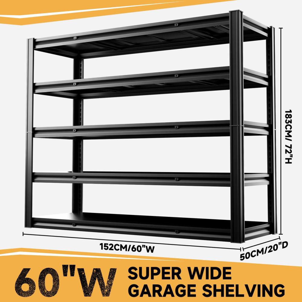 60"W Heavy Duty Garage Shelving 3000LBS 5-Tier Steel Rack 60"W x 20"D x 72"H