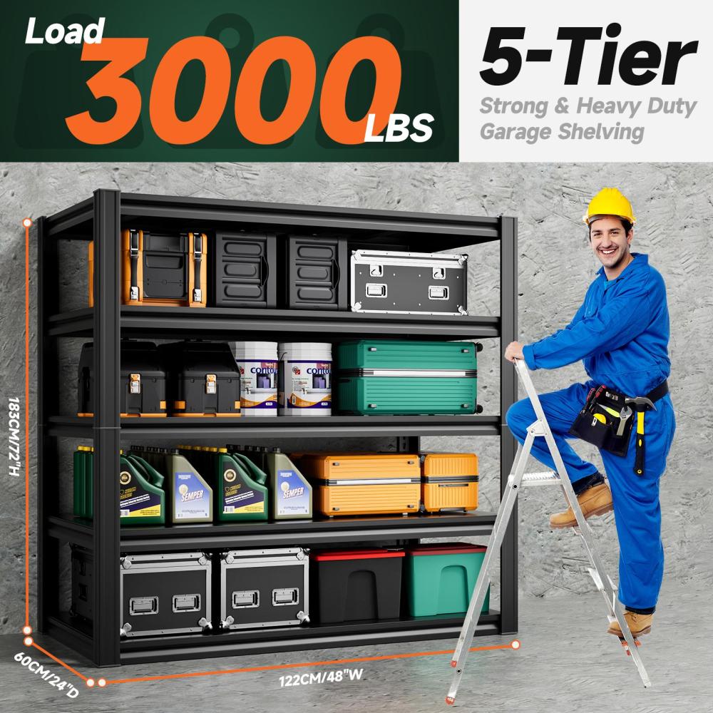 48"W Heavy Duty Garage Metal Shelving 3000LBS 5-Tier Storage Shelf 48"W x 24"D x 72"H