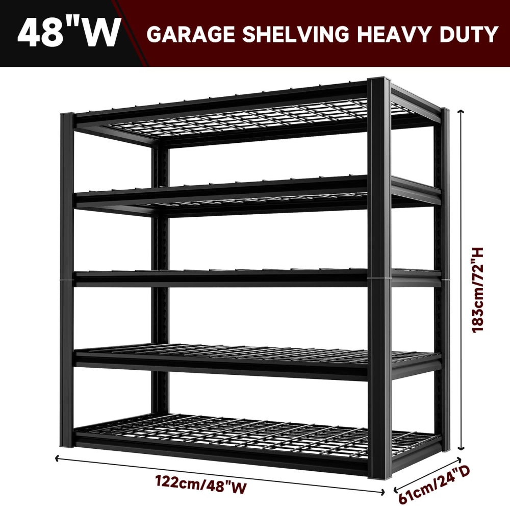 48"W Heavy Duty Garage Shelving 3010LBS 5-Tier Storage Rack 48"W x 24"D x 72"H