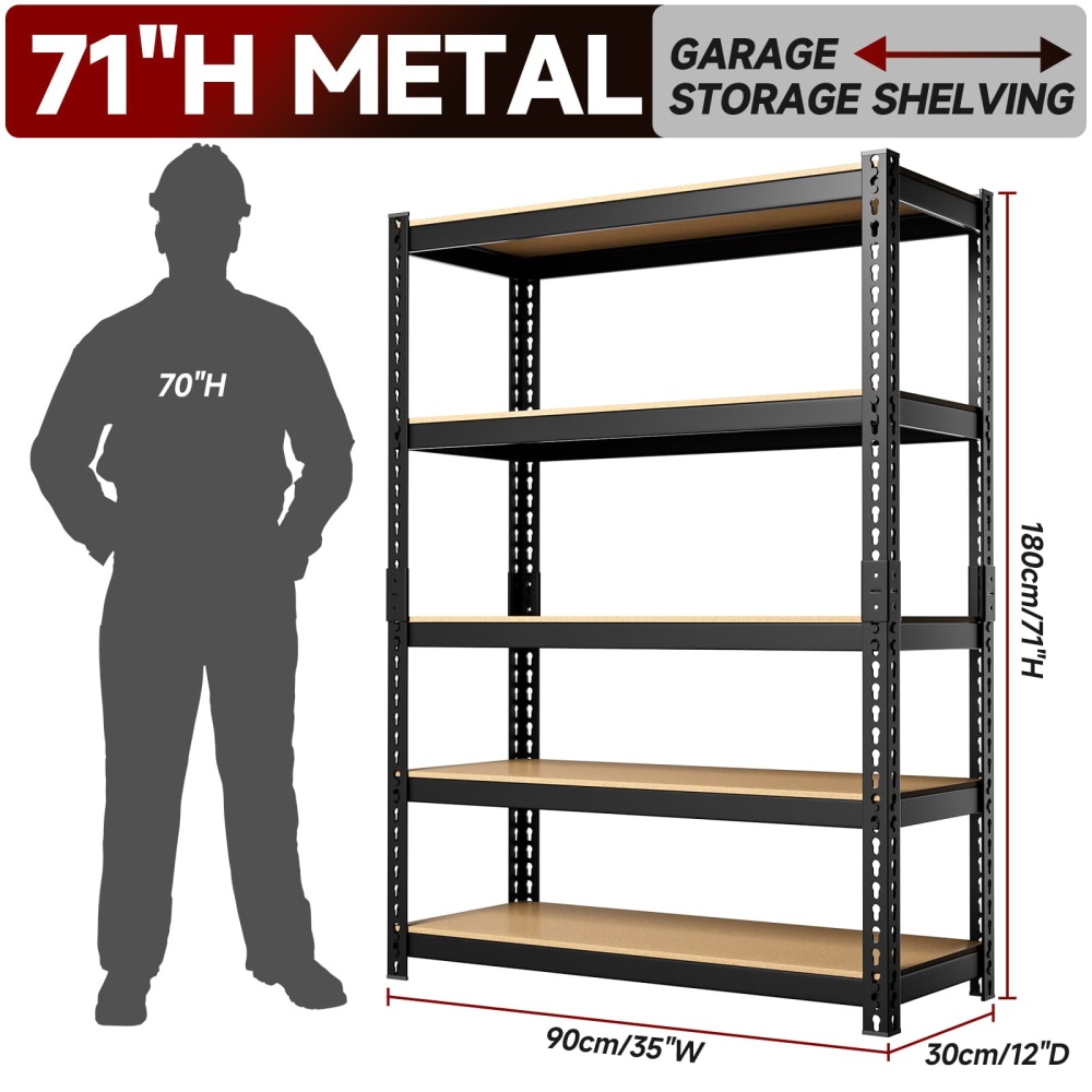 35"W 5-Tier Adjustable Metal Garage Shelves, 35"W x 12"D x 71"H Heavy-Duty Steel Shelving Units for Pantry Kitchen 2000LBS